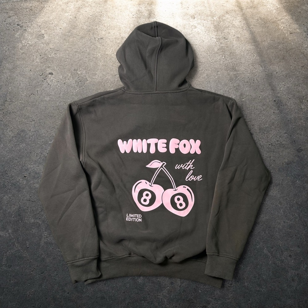 White Fox With Love Cherry 8-Ball Hoodie Charcoal Pink Size M/L Baggy Y2K